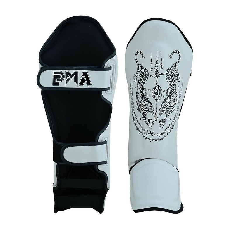 Playwell Matte White "Twin Tiger" Muay Thai Shin Guards -