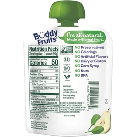 Buddy Fruits Pure Blended Fruit and Veggies Apple, Pear and Spinach Applesauce | 100% Real Fruits & Veggies | No Sugar, Non GMO, Vegan, No Preservatives, Certified Kosher | 3.2oz Pouch 18 Pack