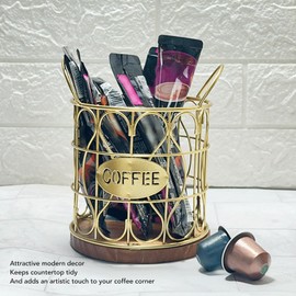 Coffee Pod Holder, Large Capacity Coffee Basket Storage, Modern Metal Coffee Capsule Basket with Wooden Base Coffee Pods Storage Organizer for Coffee Bar Countertop (Gold)