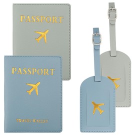 Rumyve 2PCS Luggage Tags and Passport Holder Adjustable Straps PU Leather Travel Accessories for Preventing Lost Luggage (Grey, Blue)