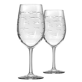 Rolf Glass School of Fish 18oz All Purpose Wine Glass | Set of 2 | Large Wine Glasses | Lead-free Crystal Glass | Engraved Wine Glasses | Made in the USA