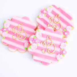 ½ Dz. Pink/Gold Floral Initial Cookies! A Girly Approach! Birthday Themed, Bridal Shower Party Favors or Baby Gift!