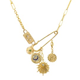 18K Paperclip Gold Chain Necklace Handmade DIY Sun Moon Star Pendant Charm Necklace Western Ocean Seaside Beach Gold Charm Necklace For Women, Zinc, No Gemstone