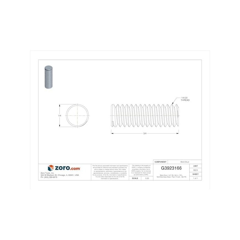 1/4"-20 x 3/4" Plain Stainless 18-8 Drawn Arc Weld Studs,