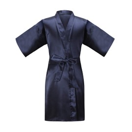 ALHAVONE Rhinestone Flower Girl Silky Satin Solid Color Short Kimono Robe for Wedding Birthday Party Spa (Navy,4)