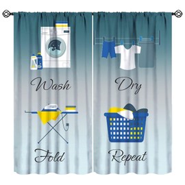 JESTRONRY Laundry Room Blue Theme Curtains,Simple Drawn Wash Dry Fold Repeat Decor Print Fabric Window Treatments Kitchen Bathroom Curtain, Home Decor Rod Pocket Window Drapes 42x45 Inch Blackout