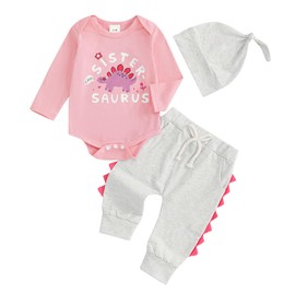 MAHUAOYIXI Toddler Infant GirlsFall Winter Outfits 0-6M Newborn Baby Girl Clothes Set 3Pcs Dinosaur Print Long Sleeve Romper Jumpsuit Bodysuit and Elastic Waist Pants and Hat (Gray, 0-3 Months)