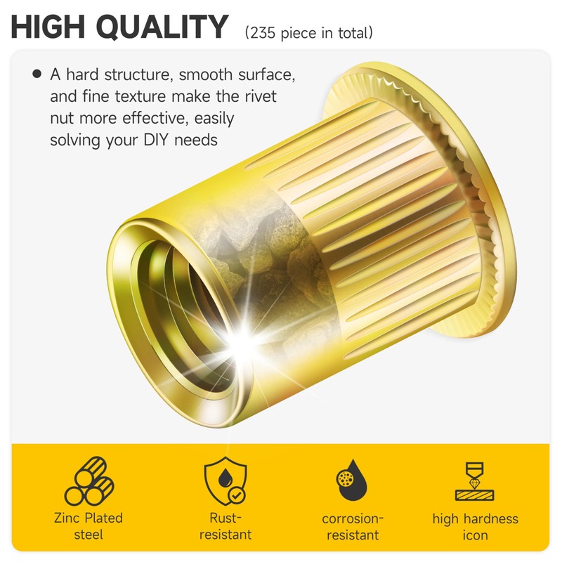 Mywish 200Pcs 1/4-20 Rivet Nuts, Yellow-Zinc Carbon Steel Flat Head