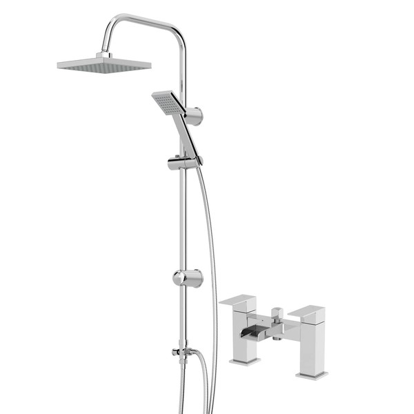 Architeckt Square Waterfall Bath Shower System Mixer Shower Tap with Modern Square Riser Rail Kit Dual Rainfall Shower Heads Handset, Grey