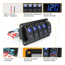 RVZONE 4 Gang IP68 Waterproof Boat Rocker Switch Panel DC 12-24V LED Digital Voltmeter + Dual USB (QC 3.0 & Type-C) Fast Charging Pre-Wired Toggle Switch Panel for RV Car Marine Boat Truck (Blue)