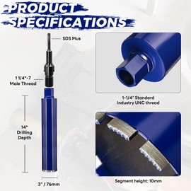DaduoRi 3" Pro Concrete Core Drill Bit with SDS Plus Adapter (1-1/4"-7 Thread) - 14" Cutting Depth & Upgraded Welded Teeth Core Bits for Concrete with Rebar, Brick, Masonry,Stucco,Mortar,Wet Coring