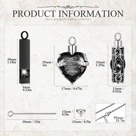 MTLEE 3-Piece Unisex Adult Cremation Urn Necklace Set: Vertical Bar Zircon, Heart Crystal, Stainless Steel; Waterproof Memorial Pendants for Ashes, Pet Ashes, Keepsakes; Black Zircon; 3 Count