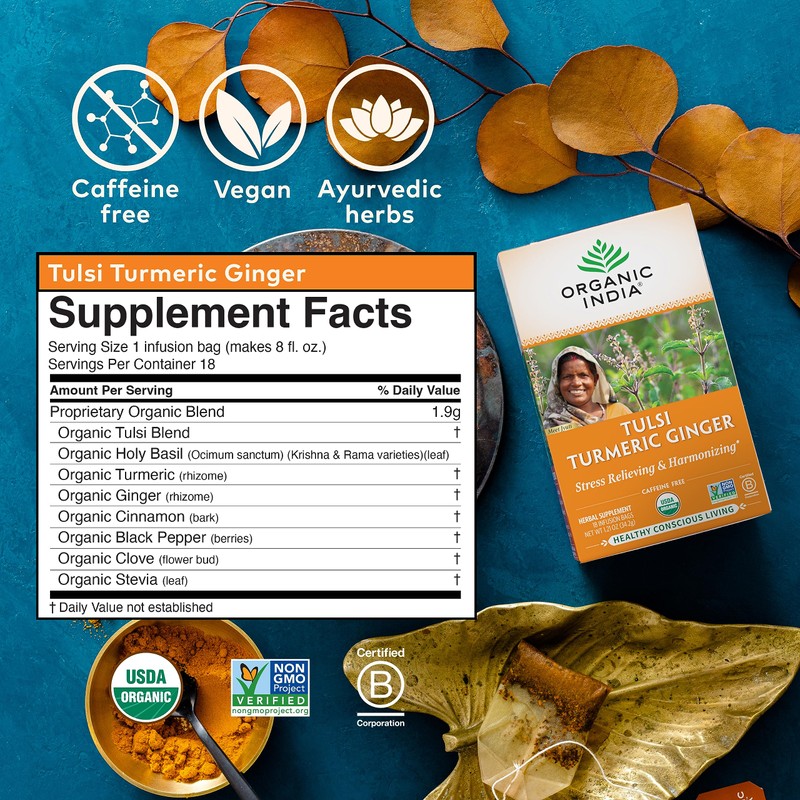 ORGANIC INDIA Tulsi Turmeric Ginger Tea Bags- Herbal Tea, Ginger