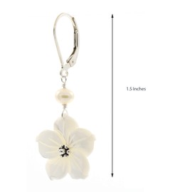 LTC Designs White Shell Flowers and White Freshwater Cultured Pearl Accent Drop Earrings with Sterling Ear Wires 3.5-4 mm for Women, Teens