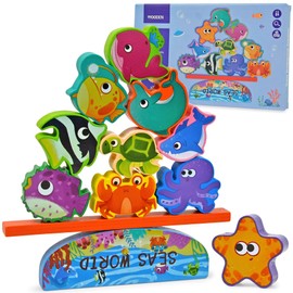 Vileafy Ocean Animals Wooden Blocks for Boys and Girls, Preschool Toys Balancing Blocks with Rocking Base, Ocean Animal Figures Summer Toys for Kids Ages 3-5 Years Old