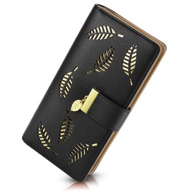 PGXT PGXT Women's Wallet Women Credit Card Holder Hollow Leaf Pattern Bifold Leather Lady Long Wallet Purse Zip Birthday Xmas Gifts for Women Girls(Black)