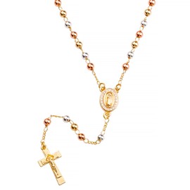 HELLOWIN 4mm Rose Gold Plated Beads Guadalupe Catholic Rosary Chain Y Necklace for Women with Gift Box (GUAEL-GO)