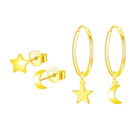 Hinvan 2 Pairs Set 18K Gold Earrings for Women Men Children Girls Star Stud Earrings Moon Star Earrings Hanging Gold Hoop Earrings Small Piercing, small, Sterling Silver, No Gemstone