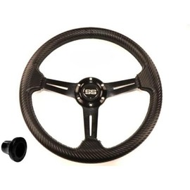 Huskey Rally Steering Wheel Fits EZGO Golf Cart, 13 Inch Diameter & UV Coated PVC Material W/Carbon Fiber Pattern, Including a 5/6 Hole Pattern Black Adapter