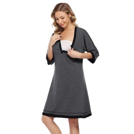 KOJOOIN Women's Birth Nursing Nightdress Cotton Maternity Nightdress with Button Placket, U Neck 3/4 Sleeves Nightdress Pyjamas for Pregnant or Nursing Women, Dark grey (long sleeve)