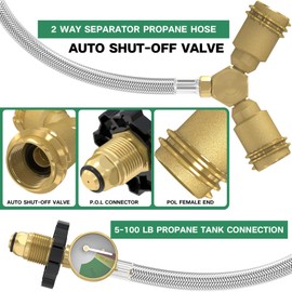 12FT Propane Hose with Propane Splitter 2 Way POL Tank Connector, Propane Y Splitter Adapter with Shut Off Valve, 2-Way LP Gas Adapter Tee Connector for 100lb Propane Tank,Heater,Camping Stove,Burner