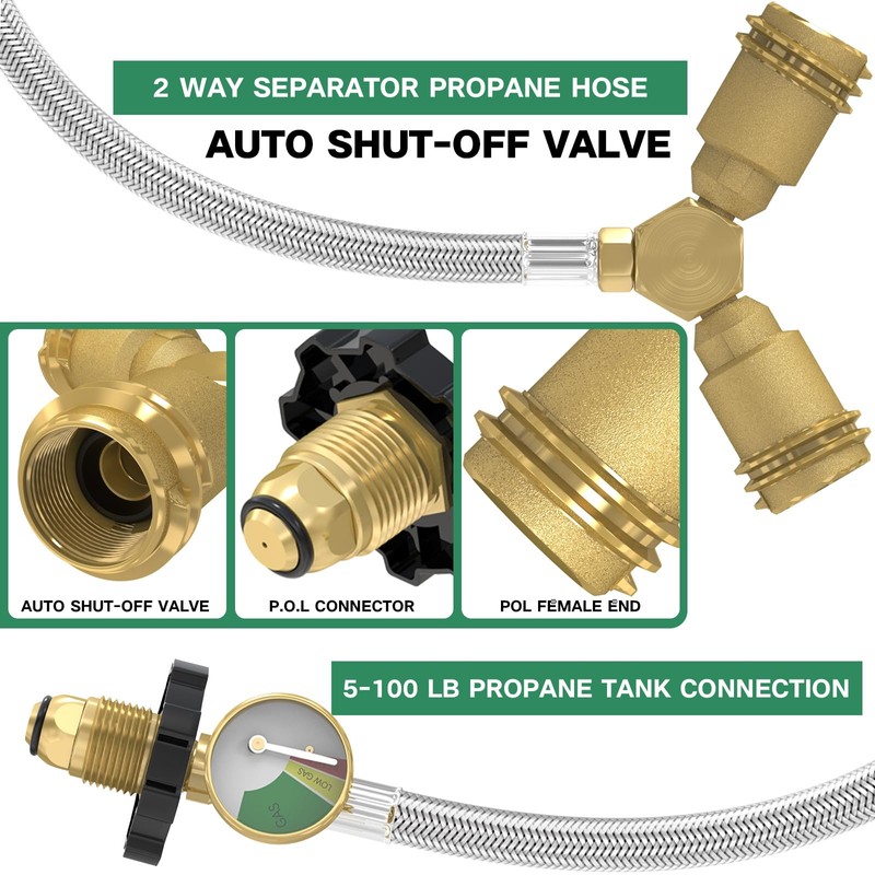 12FT Propane Hose with Propane Splitter 2 Way POL Tank
