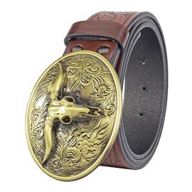CHIC DIARY Men Western Belt Cowboy PU Leather Waist Belts Vintage Waist Strap Bull Decoration Floral Engraved for Jeans