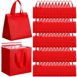 FoldTier 50 Pcs Insulated Take Away Bags Bulk Thermal Insulation Food Bag for Coffee Milk Tea Hot Cold Food Fresh Seafood Cooler Bag Pizza Delivery Bags for Catering Restaurant Grocery (Red)