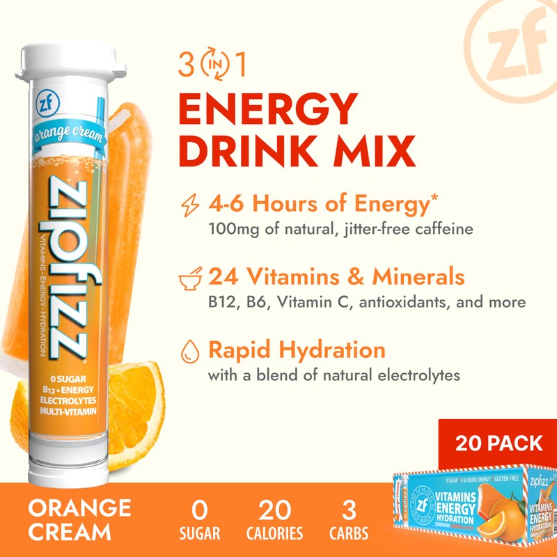 Zipfizz Daily Energy Drink Powder, Orange Cream, 20 Pack |