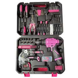 MLKTUULS Drill Tool Set 152PCS, Home Tool Kit with 12V Cordless Drill, Hand Tool Box with Drill and Screwdriver for Women, Pink