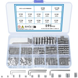 KOXXIAMOQ 595pcs Set Screws Assortment Kit, Allen Head Grub Screws, M3 M4 M5 M6 M8 Metric Hex Socket Head Headless Screw,Internal Cup-Point Screw Set, 12 Sizes, Include 5 Pcs Wrenches