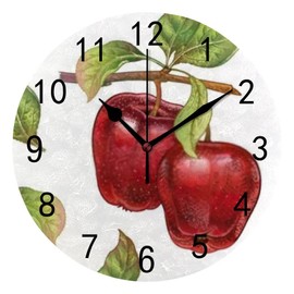 ZHONGJI Wall Clock PVC Hand Draw Red Apples Silent Non Ticking Decorative Battery Operated Accurate Home Kitchen Living Room Bedroom School 10 Inch