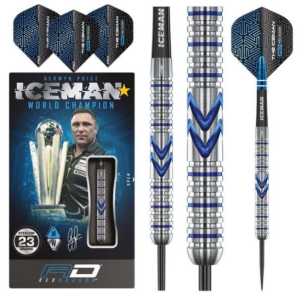RED DRAGON Gerwyn Price Iceman Midnight Edition 23 Gram Premium Tungsten Steeltip Darts Set with Flights and Stems