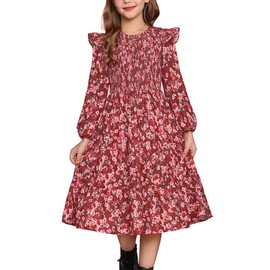 GRACE KARIN Girls Fall Dress Floral Long Sleeve Ruffle Round Neck Smocked Layered Hem Size 7