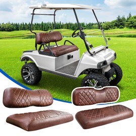 NOKINS 4PCS Golf Cart Diamond Seat Covers Kit, Front and Rear Seat Covers Fits Club Car DS 2000.5-Up Standard Seat Cushion, Club Car DS Vinyl Seat Covers Accessories (Brown Brown 8438)