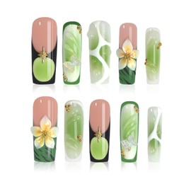 XGV 10pcs Handmade Press on Nails Medium Long Square Nails, Glossy Nude Pink and Green Fake Nails with 3D Flower Reusable Nails Tips