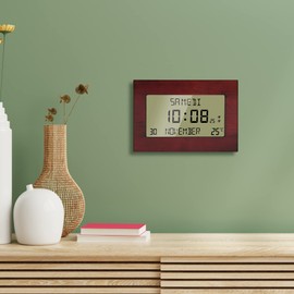 Radio-Controlled Alarm Clock - Calendar with Date Day and Time - Large Display - 8 Languages - Temperature - 23 x 16 cm - Wall Mounting or Stand - Wood Look