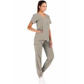Minty Mint Women's Solid Stretch Medical Uniform Scrub Set V Neck Top Cargo Tapered Jogger Pants Khaki M