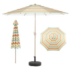 Aoodor 9Ft Patio Market Umbrella, Outdoor Table UV Protection Umbrella with 8 Sturdy Steel Ribs, Push Button Tilt and Crank for Garden, Deck, Backyard, Poolside, Red Green and Blue