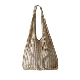 Floerns Women's Crochet Hollow Out Beach Tote Bag Daily Casual Knitted Shoulder Handbags, Light Brown, One Size