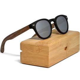 GOWOOD Womens and Mens Round Sunglasses with Black Acetate Frame, Silver Mirrored Polarised CE Marked UV400 Lenses and Real Walnut Wood Temples