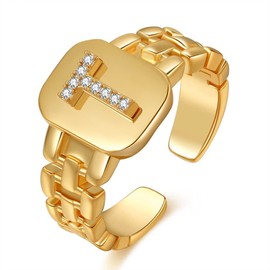 Initial Rings for Women Chunky Gold Initial Letter Ring for Teen Girls A-Z Alphabet Adjustable Rings for Women Girls 18K Gold Plated Jewelry (T)