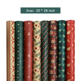 sorkwo Christmas Wrapping Paper Sheet, 8 Sheets Christmas Pattern Paper Flat Wrapping Paper Sheets Christmas Gift Wrapping Paper with 8 style for Christmas Birthday Party Gift