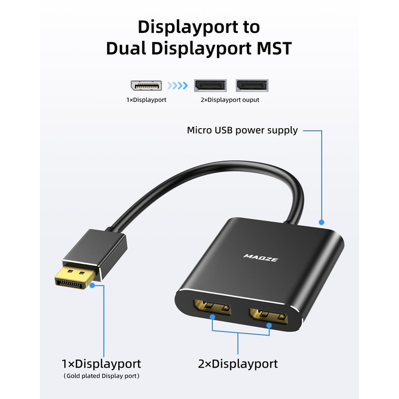 DisplayPort Splitter, 4K@60Hz DisplayPort to Dual displayPort Adapter, Display Port