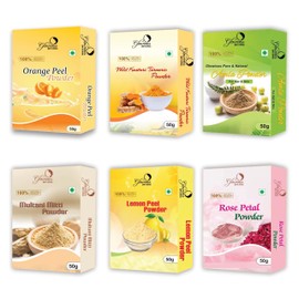 glowious Combo Pack of 6 (Orange Peel, Rose Petal, Multani Mitti, Kasturi Turmeric, Lemon Peel & Amla Powder) 300gms (50gx6)