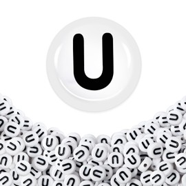TOAOB 100pcs Vowel Letter Beads 4x7mm White Acrylic Alphabet Beads Individual Black Round Letter U Bead for DIY Friendship Bracelets Necklaces Keychains Jewelry Making