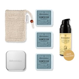 Störtebekker Shower Routine Set - Solid Shampoo x 3 (Sea Breeze), Sisal Bag, Aluminium Soap Box + Free Day Cream - Shampoo Bar Set for Hair, Face & Body - Handmade in Soap Factory
