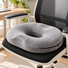 Donut Seat Cushion – Memory Foam Donut Pillow for Tailbone Comfort, Office Chair, Car and Home, Light Grey, 17.3 x 15.4 x 2.4 in