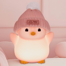 FAMIDUO Penguin Night Light, Cute Pink Penguin Lamp with Knit Hat, Soft Silicone Nursery Nightlight for Baby, Rechargeable/Dimmable/Timer,LED Squishy Novelty Animal Bedside Lamp,Funny Gifts for Kids