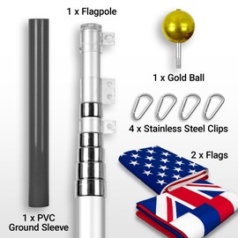 G128 Combo Pack: 25 Ft Telescoping Aluminum Flagpole (Silver) & American and Hawaii Flags 3x5 Ft, Both ToughWeave Series Embroidered Polyester | Pole with Flags Included